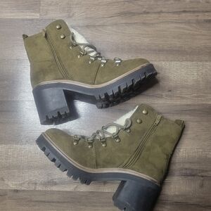 Esprit Olive Green & Faux Fur Flynne Chunky Heel Boots - Size 7